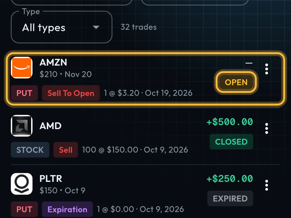 The new AMZN put at the top of the Trades list, marked Open