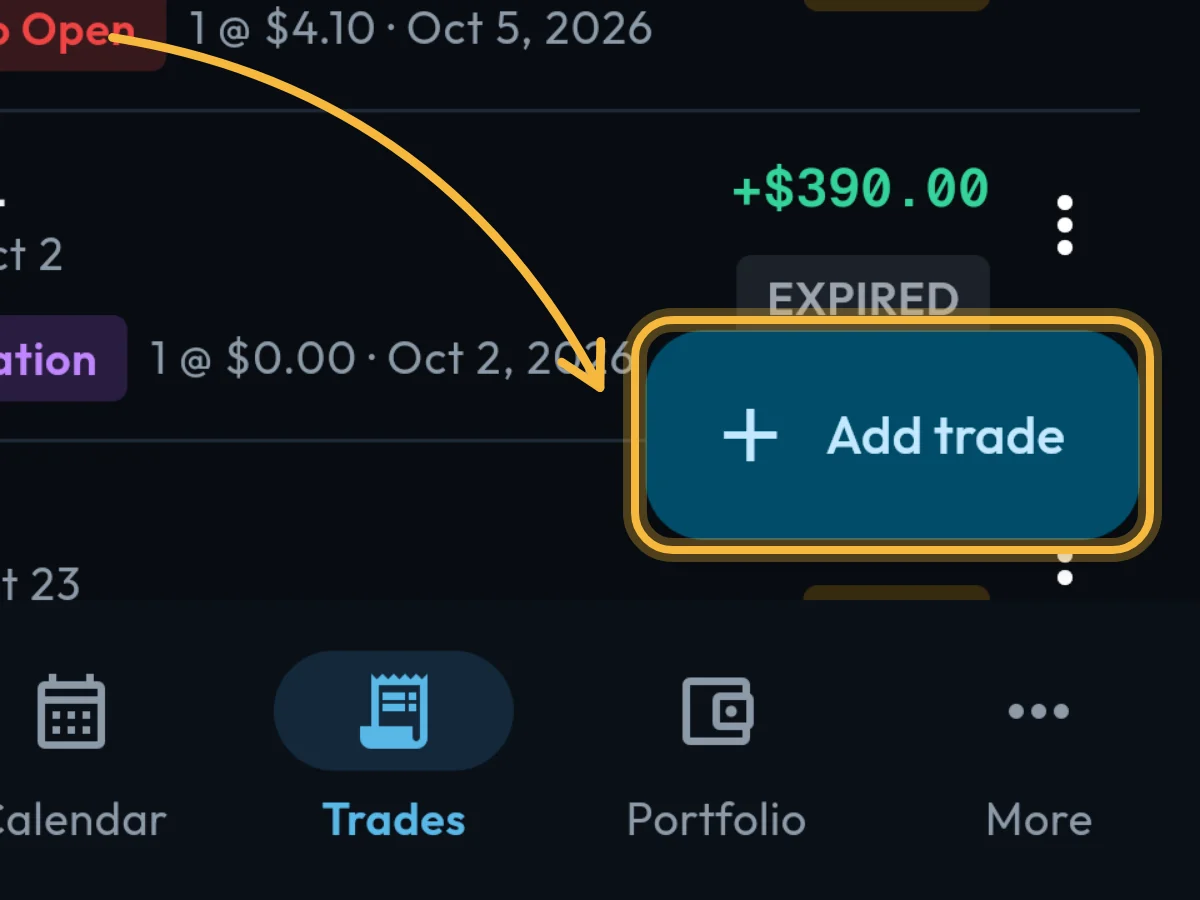 The Trades screen with the Add trade button circled