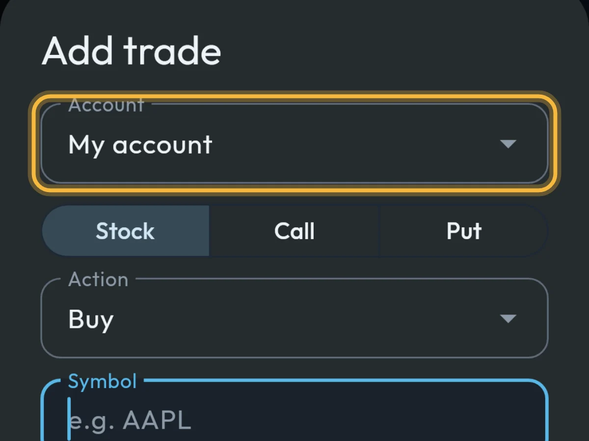 The Add trade form with the Account field circled