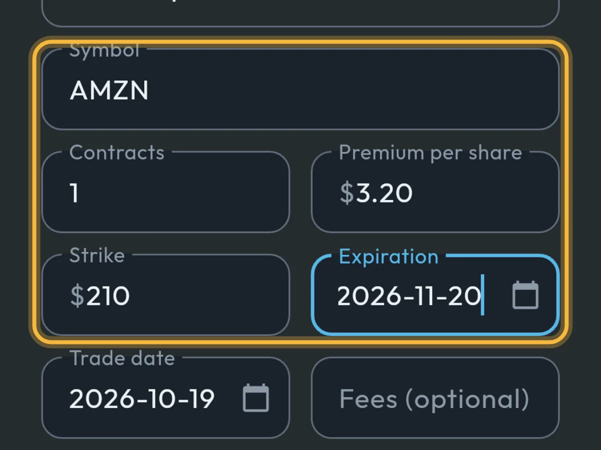 Symbol AMZN, 1 contract, premium $3.20, strike $210 and expiration 2026-11-20