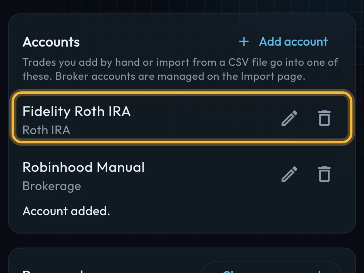 The new Fidelity Roth IRA account at the top of the Accounts list