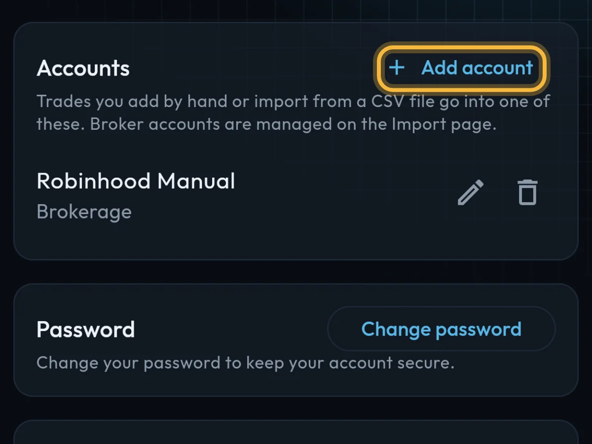 The Accounts card in Settings with Add account circled