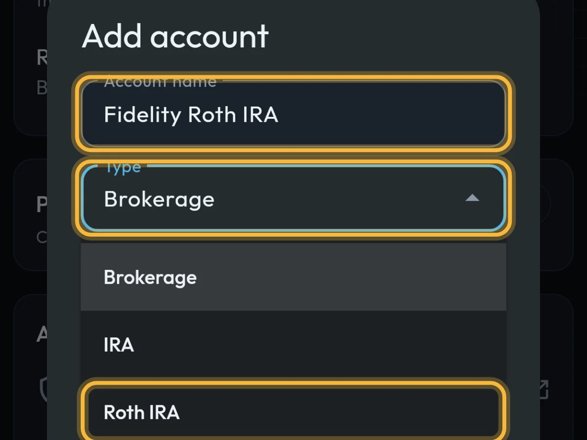 The Add account dialog with the name filled in and the Type menu open on Roth IRA