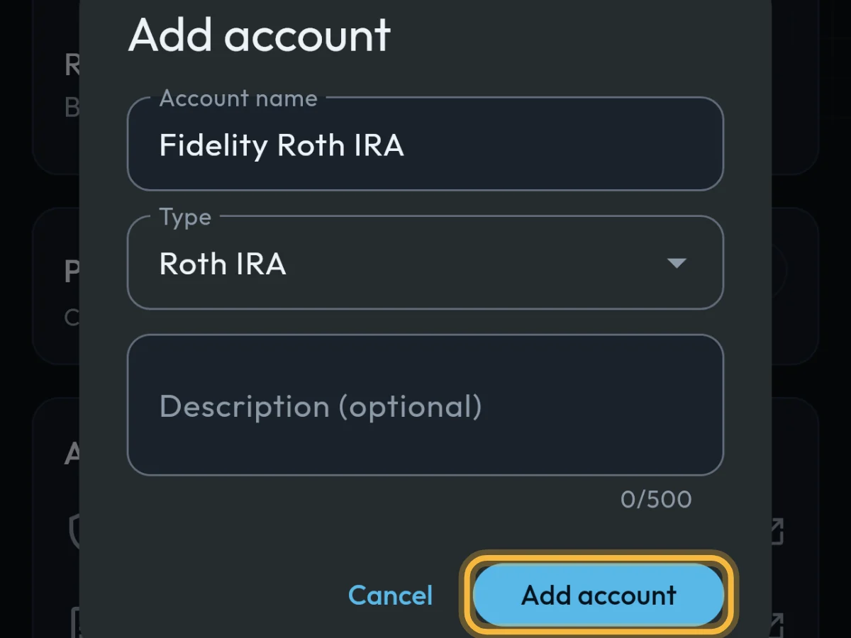 The filled Add account dialog with the Add account button circled