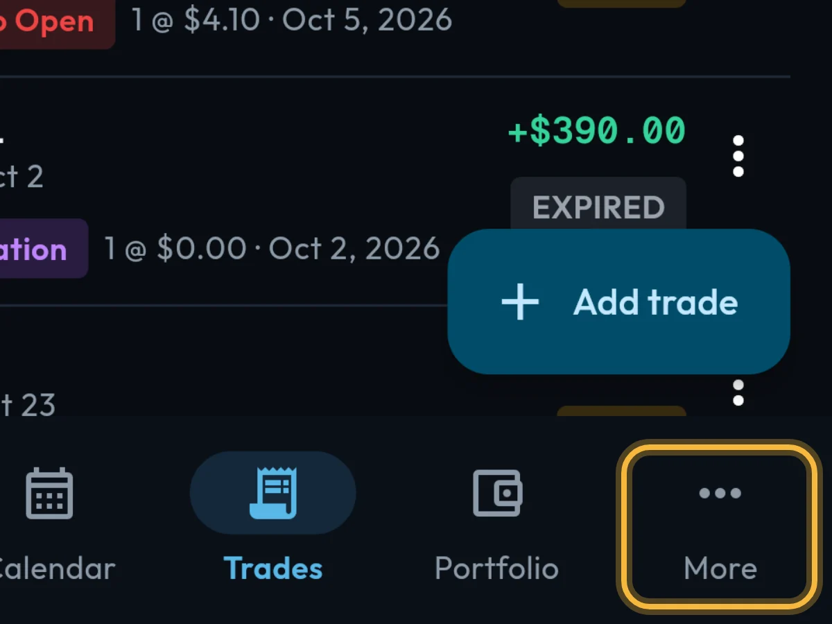 The Trades screen with More circled in the bottom bar