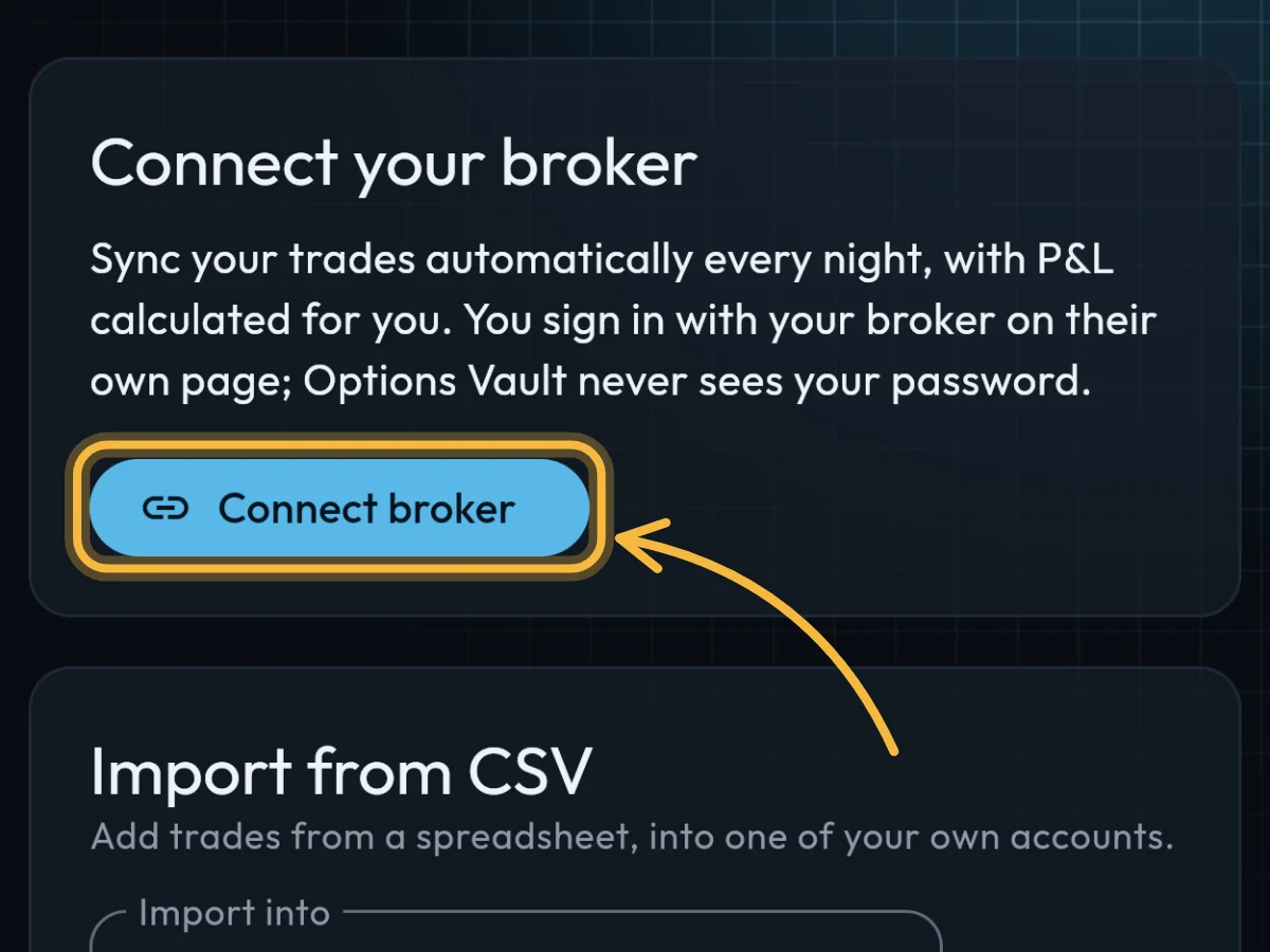 The Import screen with the Connect broker button circled