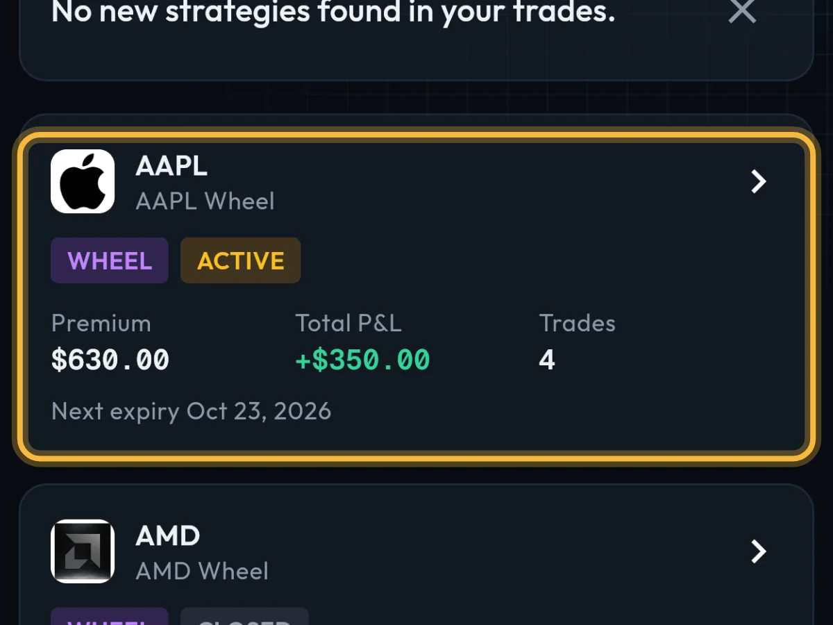 The AAPL wheel in the Strategies list: $630 premium, +$350 total P&L, 4 trades, next expiry Oct 23, 2026