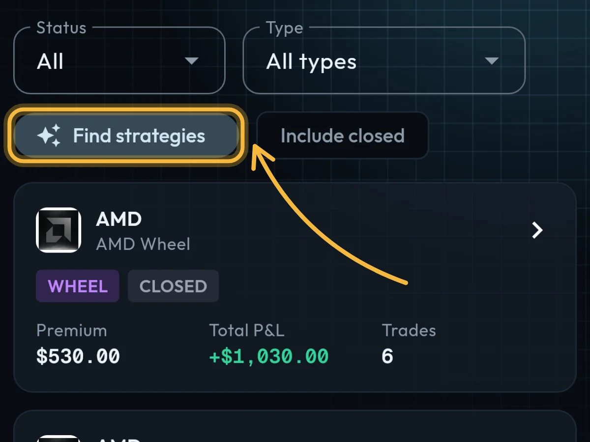 The Strategies screen with the Find strategies button circled