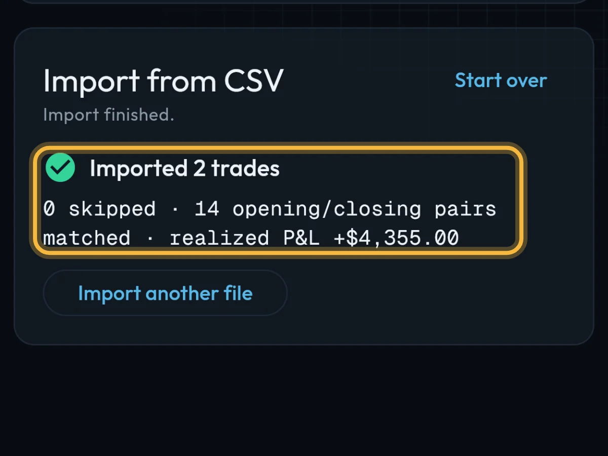 Imported 2 trades, 0 skipped, with the account’s realized P&L