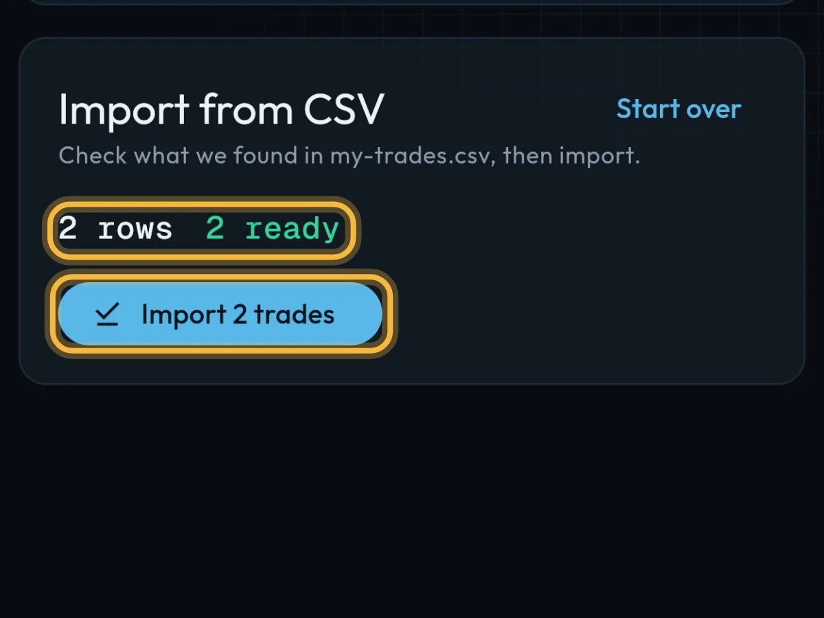 The check result, 2 rows and 2 ready, with the Import 2 trades button circled