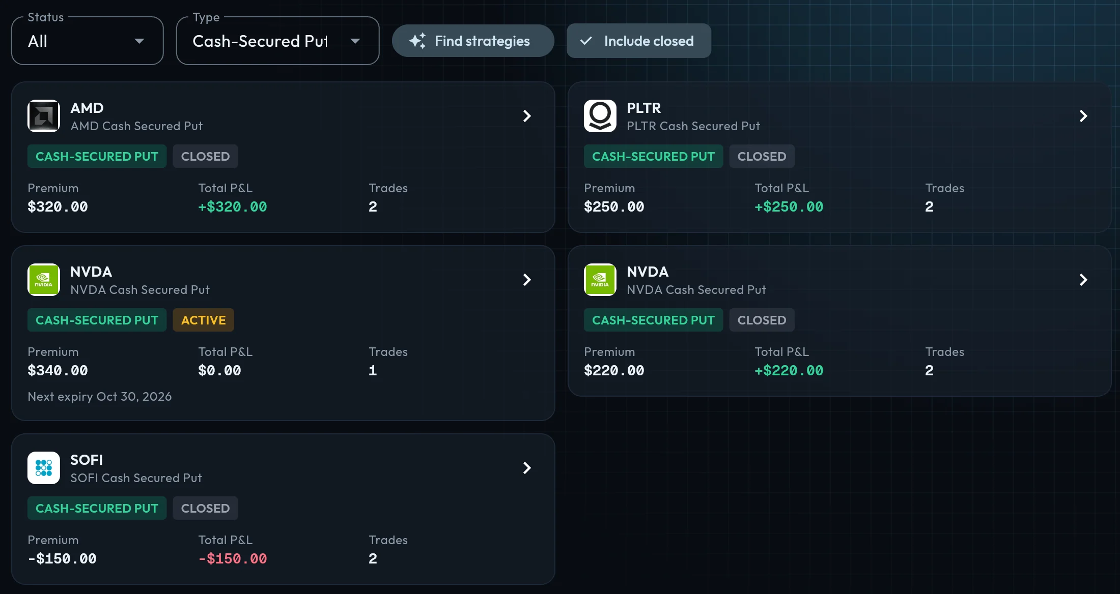 OptionsVault listing five cash-secured put positions: the AMD put that expired with $320 of premium, another put that expired, a put that is still open with its next expiry date, a put bought back for a profit, and a put closed at a loss.