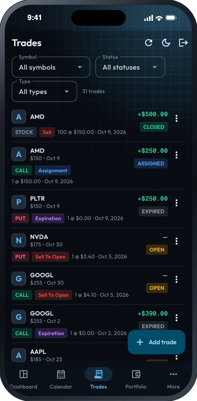 The Options Vault trades list: each stock and option trade with its action, quantity, price, P&L and status.